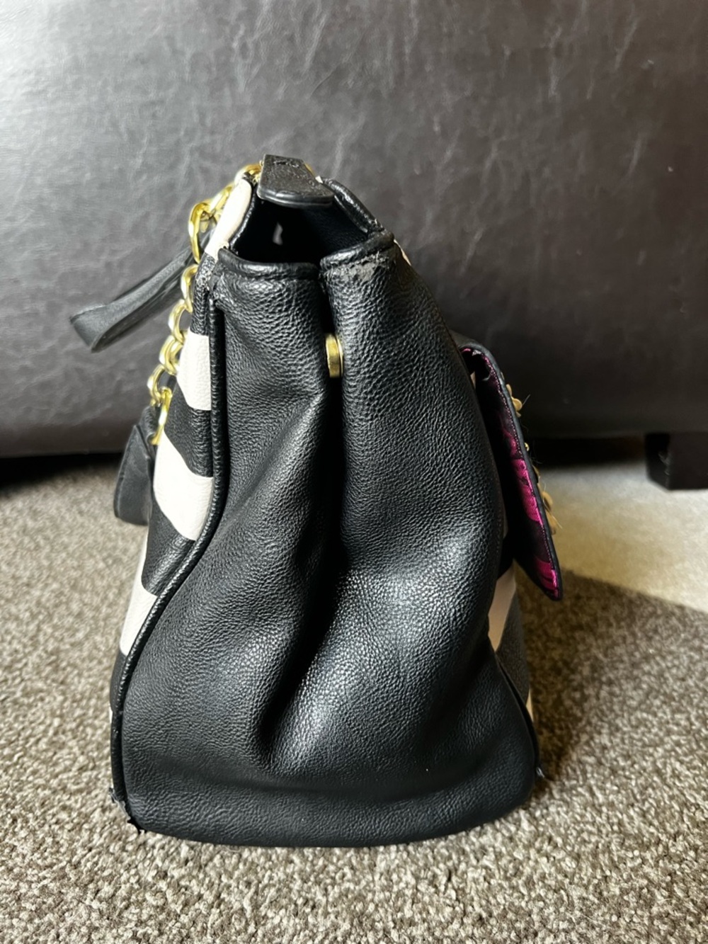 Betsey Johnson Floral Embellished Black and Cream Striped Purse Satchel Bag - Picture 7 of 16